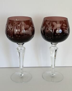 Vintage Amethyst Bohemian Cut Crystal Wine Hocks/Goblets 8”